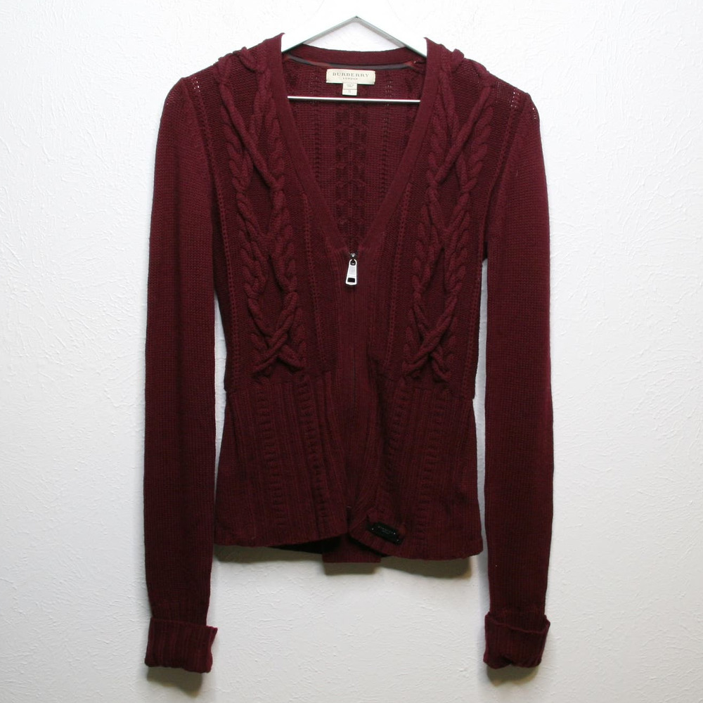 Burberry London Wool Cashmere Cable Knit Zip Front Cardigan Sweater Maroon Sz S